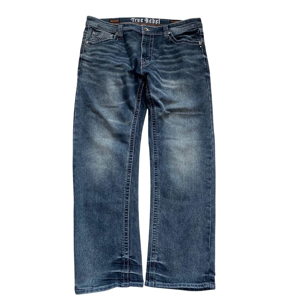 True Rebel 805 Straight Fit Denim Jeans Men 36x30 Blue Embroidered 900 Series